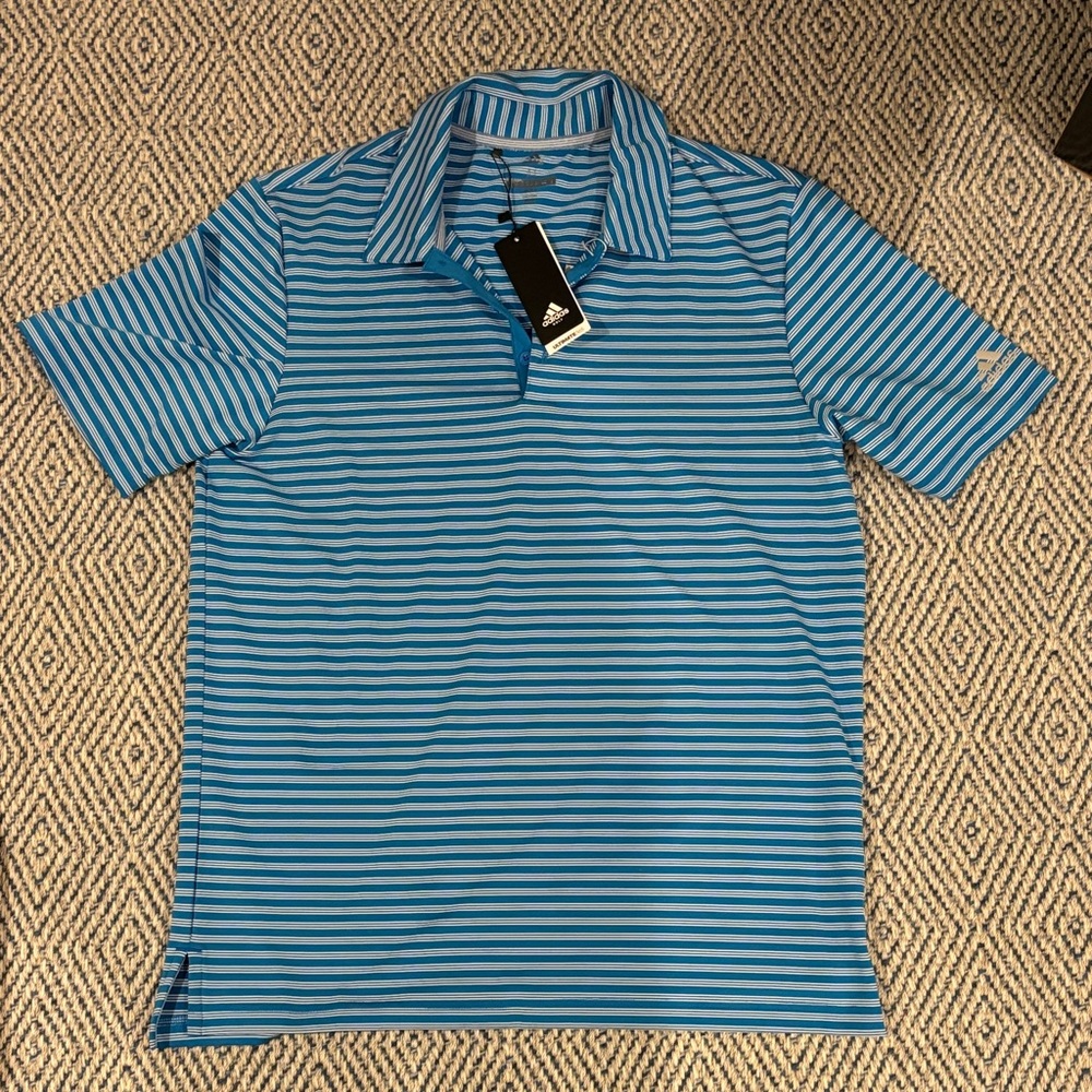 Adidas Men's Aqua and Navy Striped Polo